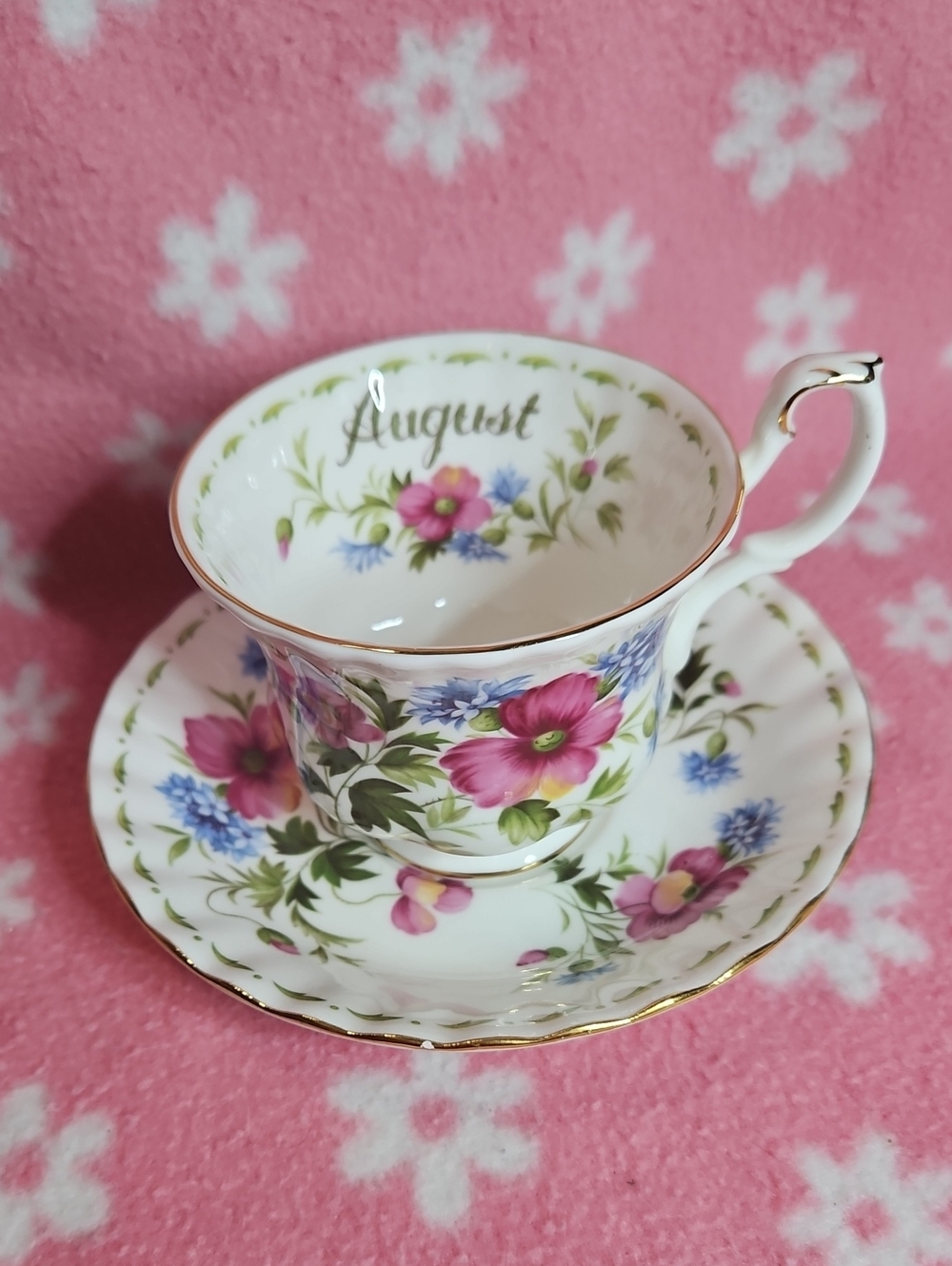 Vintage August 1970 Floral Bone China Teacup and Saucer - Pink Floral Design